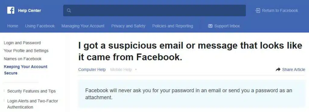 Facebook phishing page.
