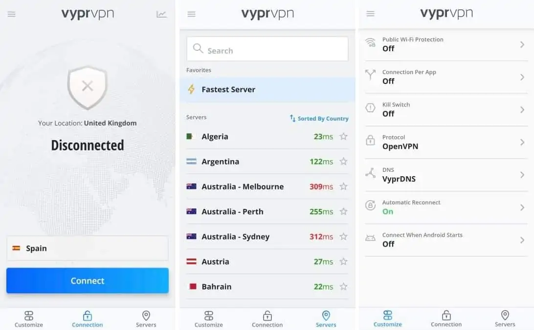 VyprVPN Mobile App screens
