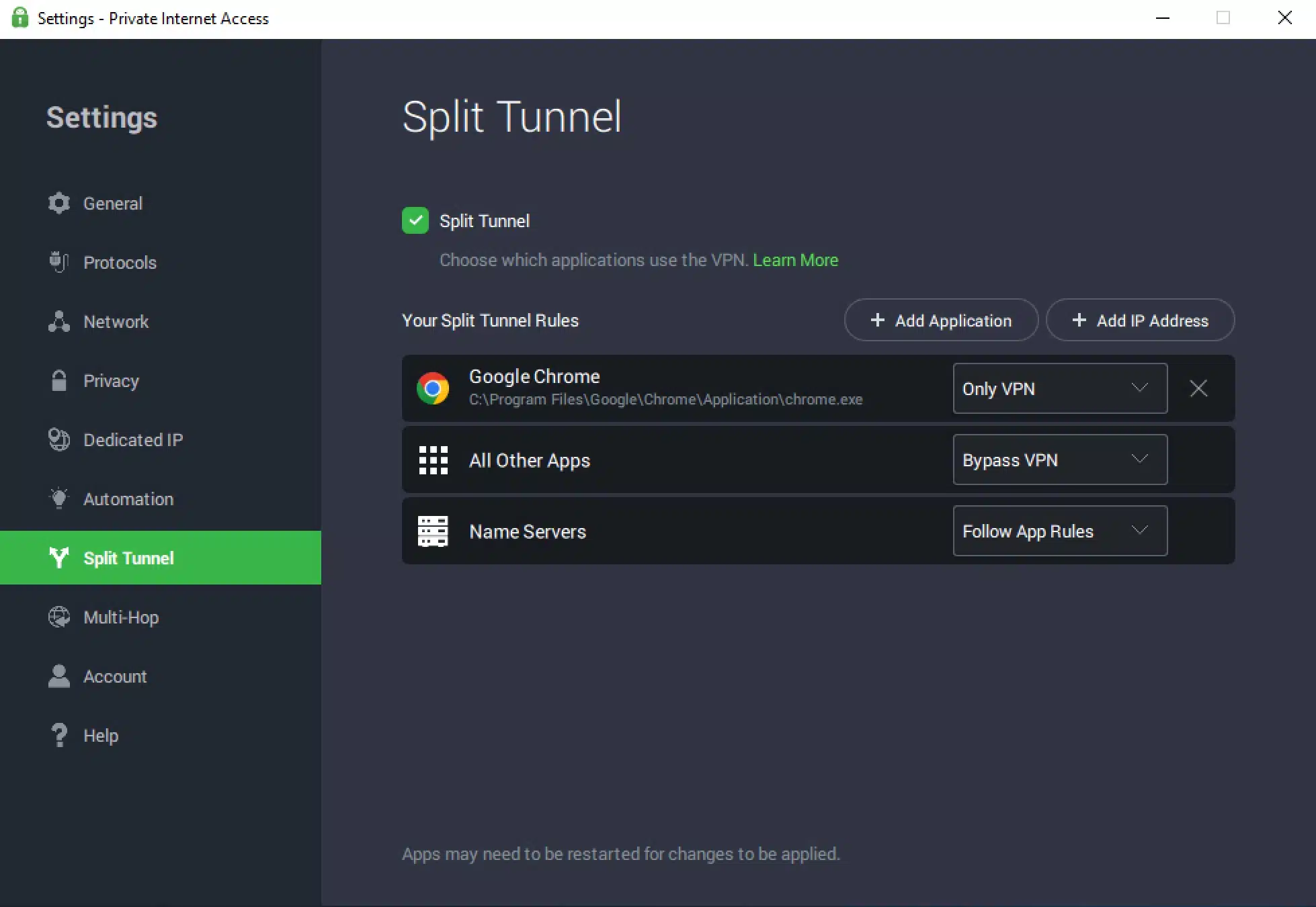 Split-tunneling in PIA-app