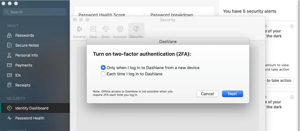 Enabling two-factor authentication with Dashlane