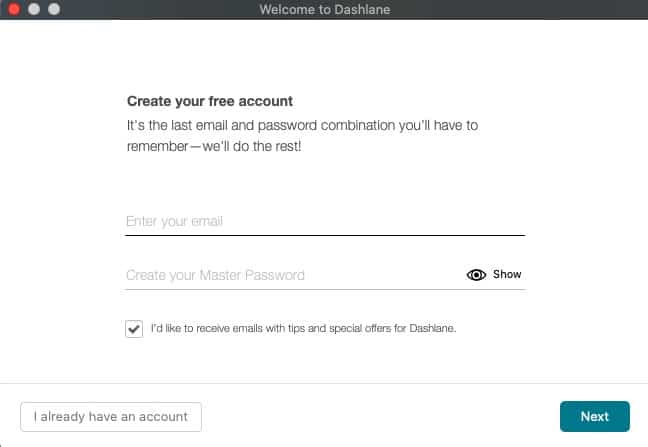 Dashlane create account screen.