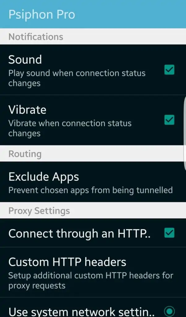 Android Psiphon more options
