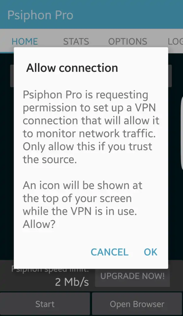 Psiphon for Android permission to run VPN