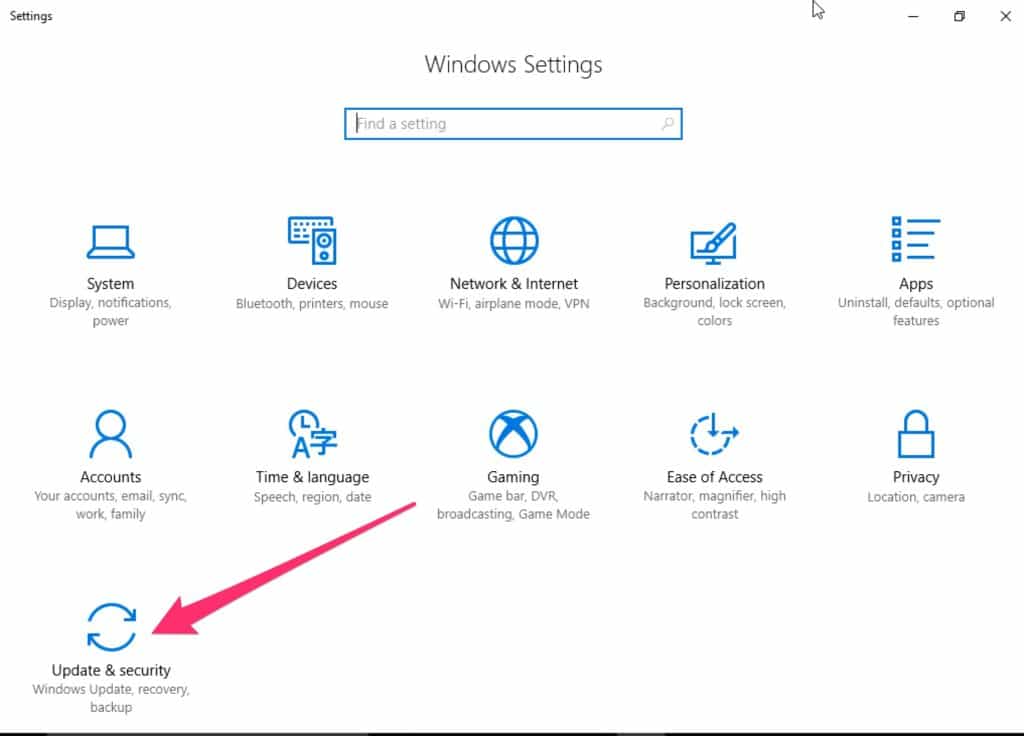 Windows 10 settings menu