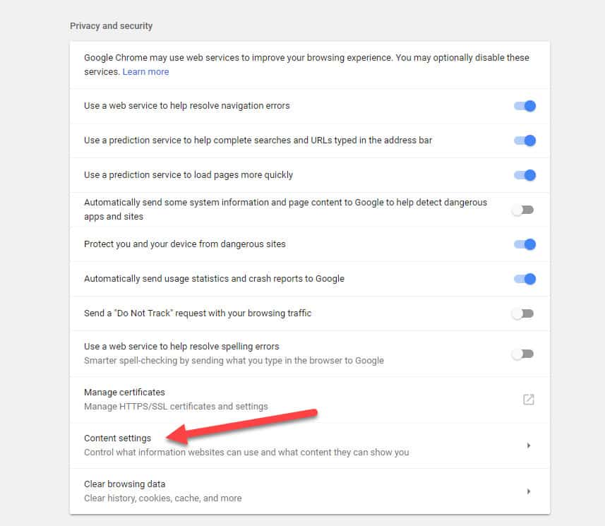Google Chrome content settings cookies