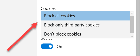 Block Cookies Edge Settings Screenshot