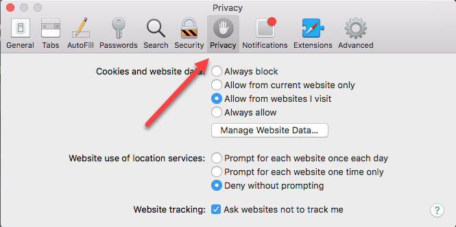 Safari Privacy Perferences Settings