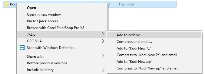 The "Kodi New" folder ready to be added to archive.