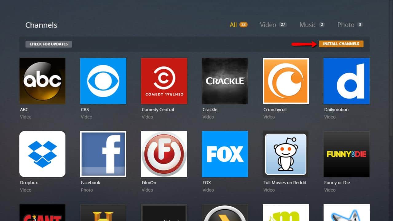 Channels page - install channels