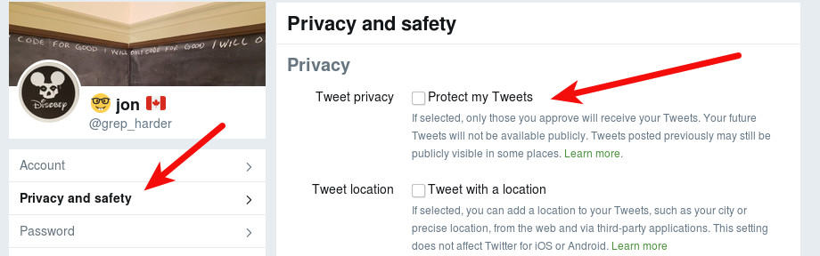 Twitter privacy and safety menu options