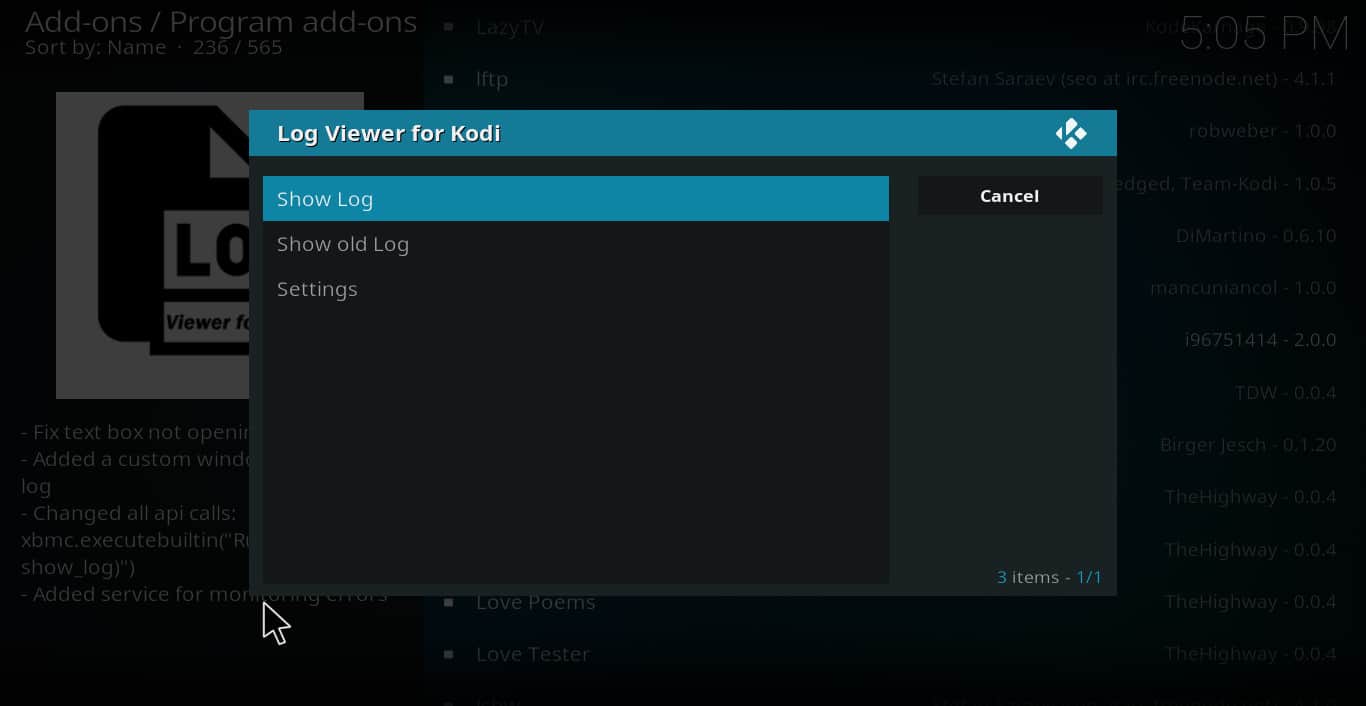 kodi log viewer options