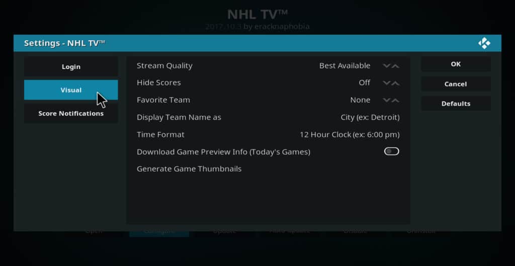 NHL Kodi AddOn Visual Settings