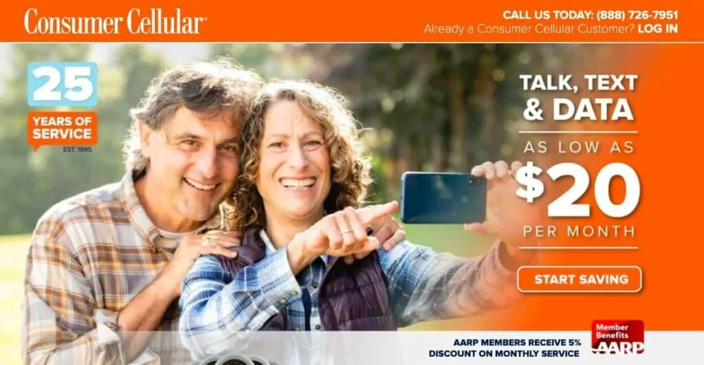 Consumer Cellular AARP discount page.