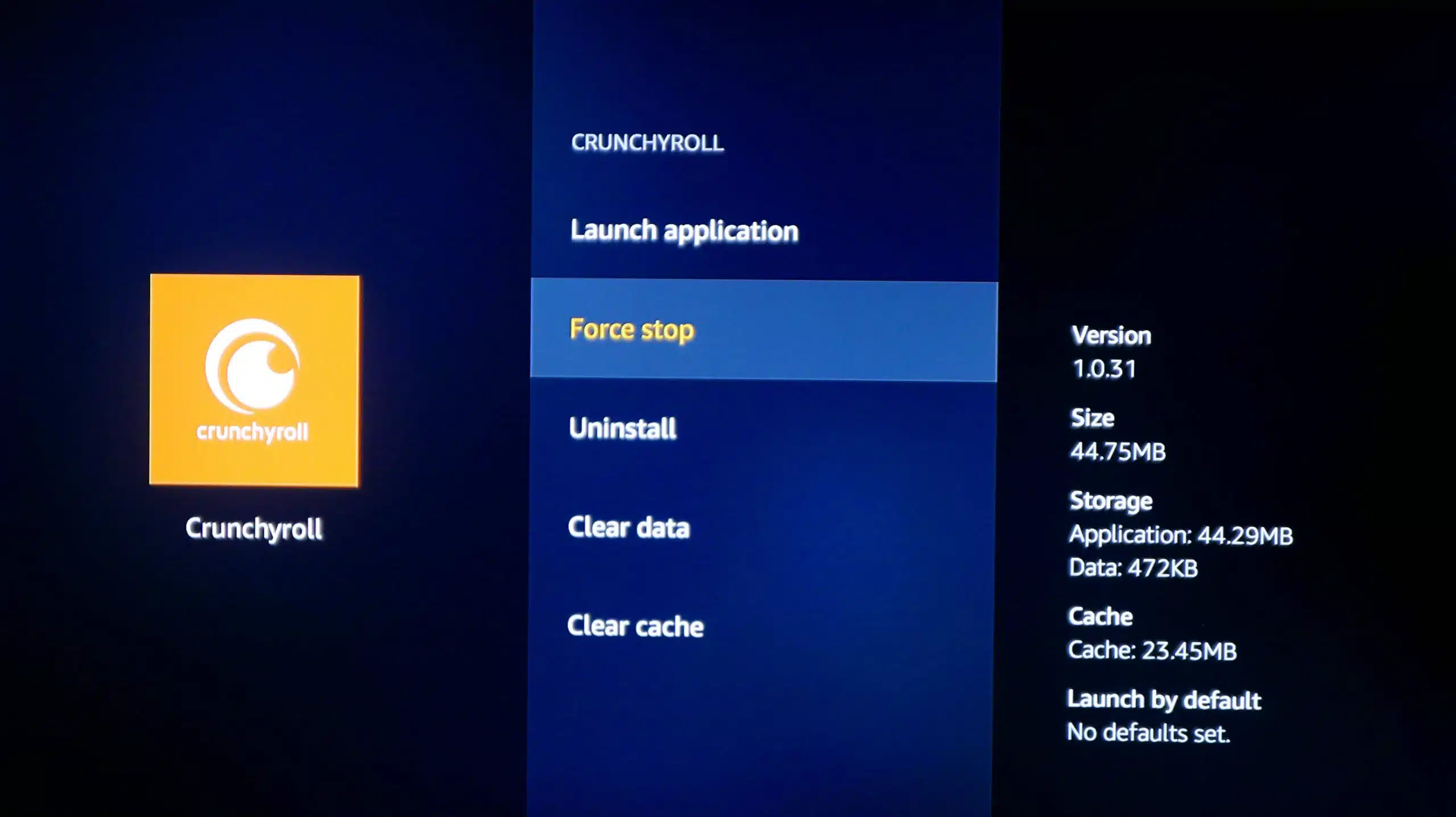 fire tv force stop uninstall clear cache data