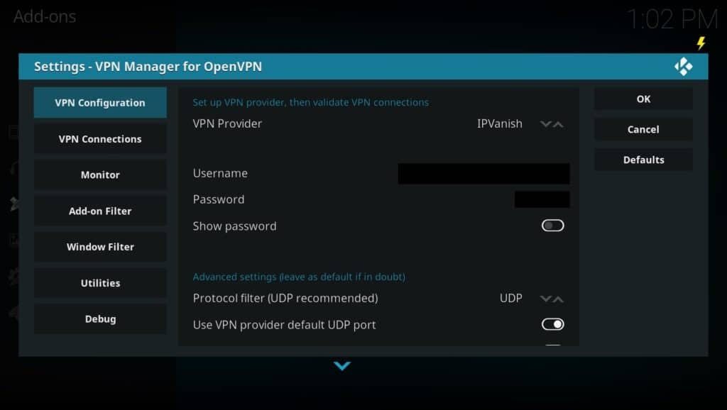 Open VPN settings