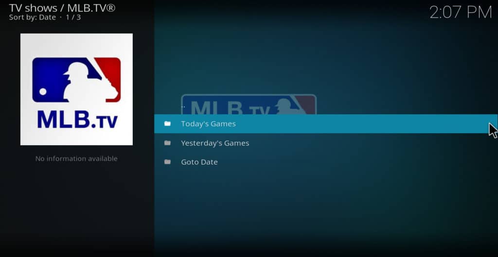 MLB.tv Kodi main menu