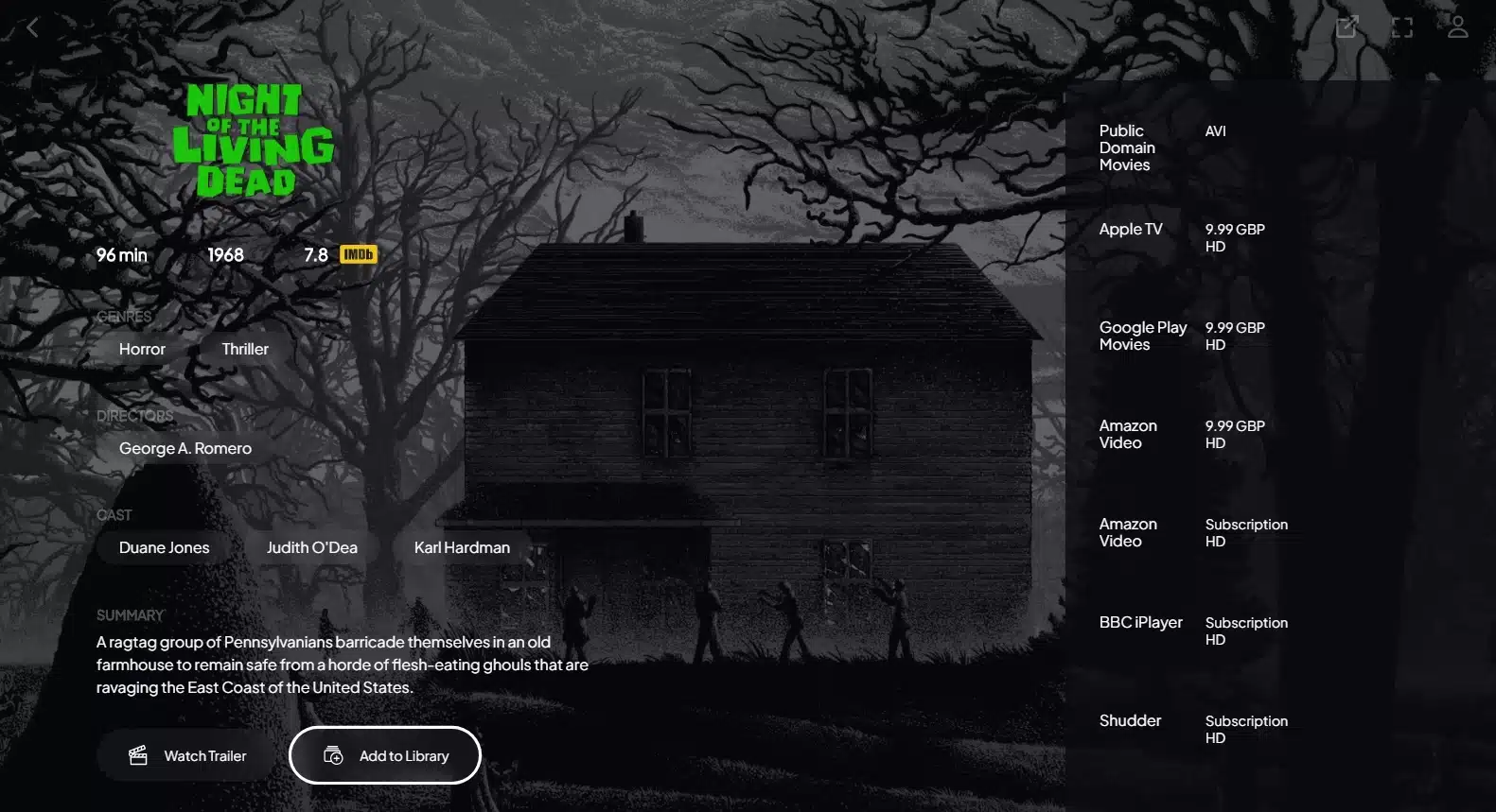 Screenshot of Night of the Living Dead's Stremio page