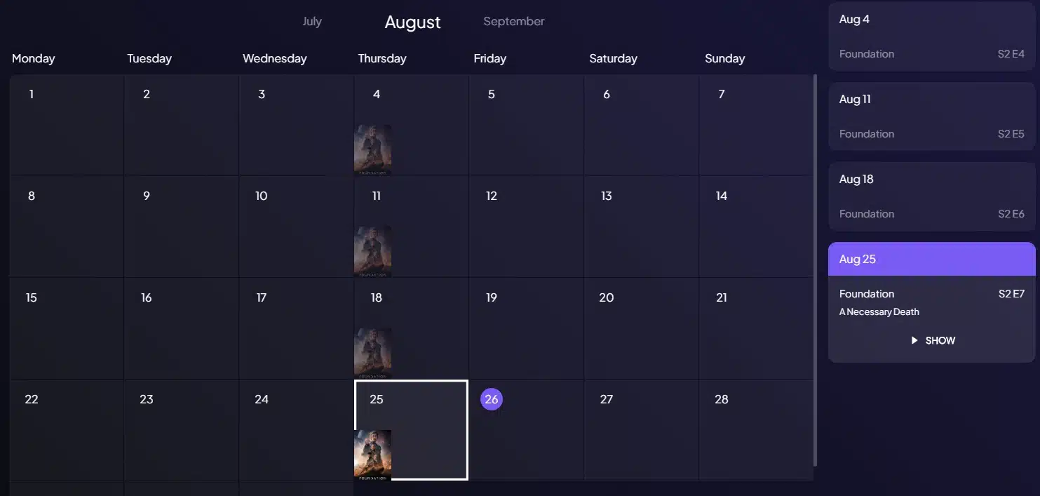 Screenshot of Stremio's calendar