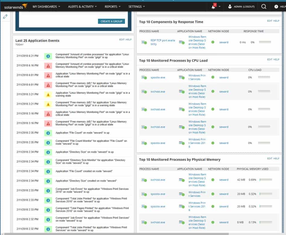 SolarWinds SAM rolls up status of servers and applications in tables, with drill-down enabled.