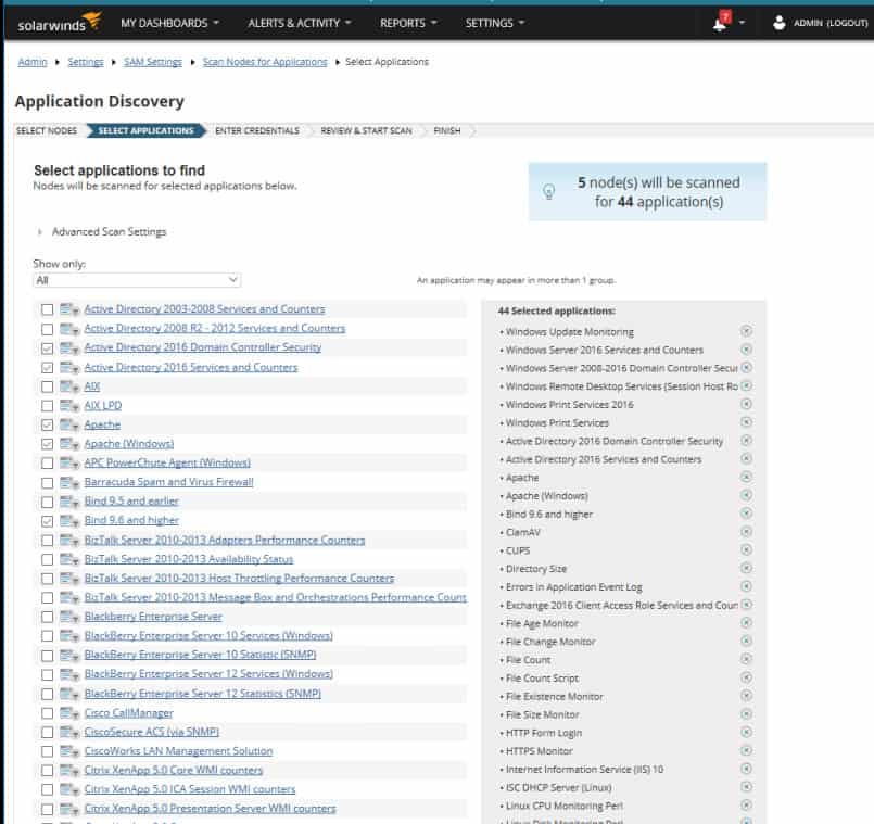 SolarWinds SAM application discovery scans servers seeking known applications from list you've selected.