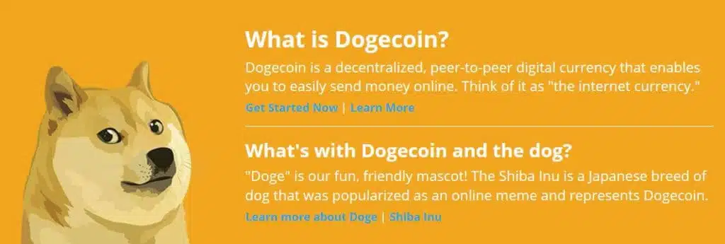 A section of the Dogecoin homepage.