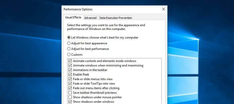 The Visual Effects tab within Performance Options.