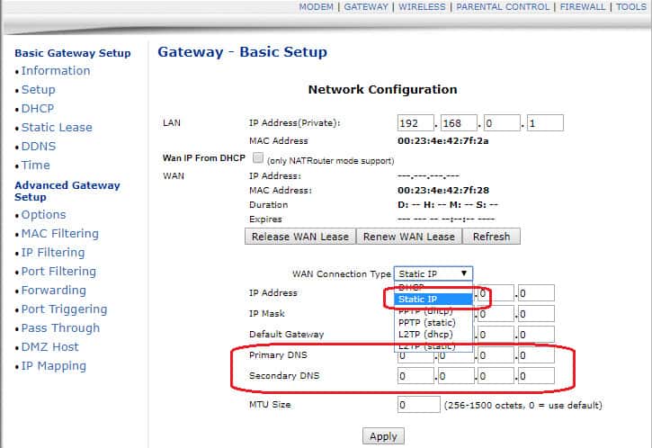 Cable router DNS settings