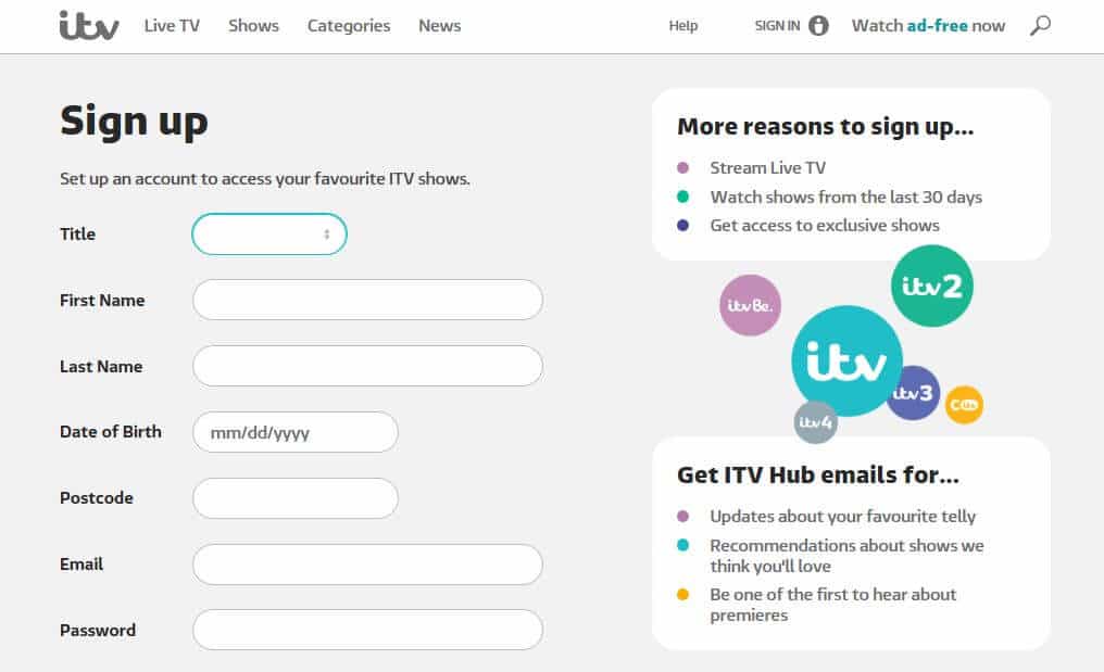 Signup page for ITVHub.
