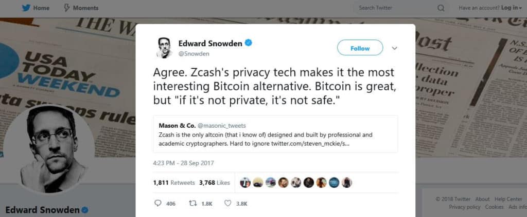 Edward Snowden's tweet about zcash.