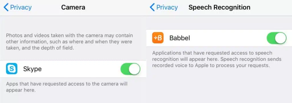The Camera and Speech Recognition iPhone app permissions.