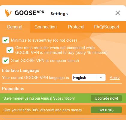 Goose VPN general settings.