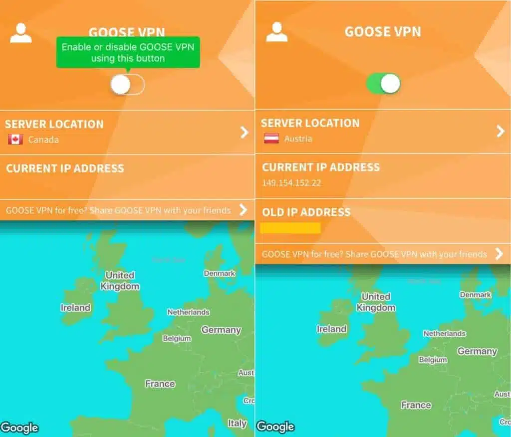 Goose VPN mobile app main screens.