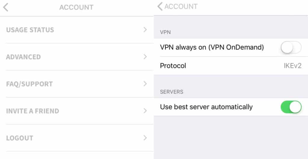 Goose VPN mobile app settings.