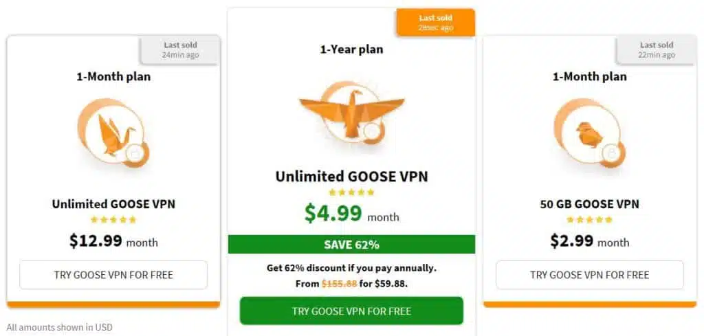 Goose VPN pricing table.
