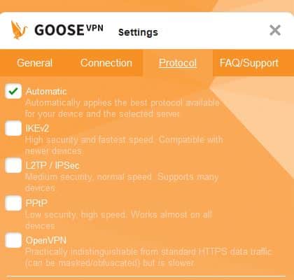 Goose VPN Protocol tab.