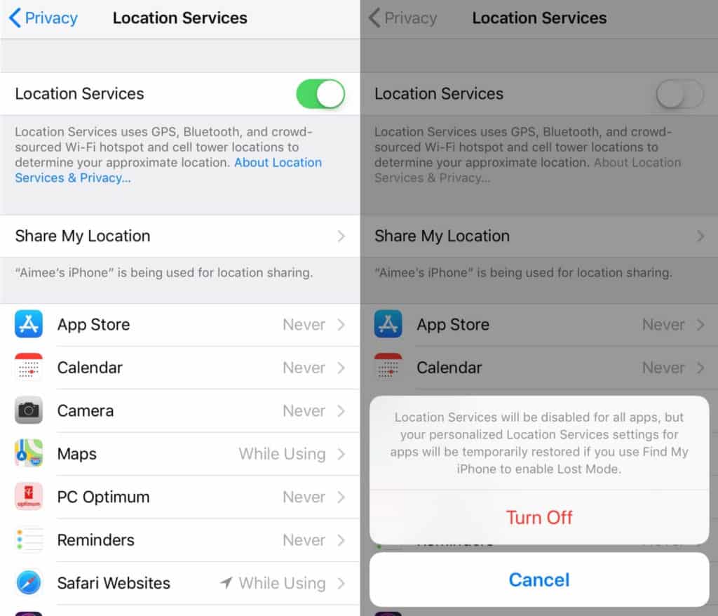 Location Services settings.