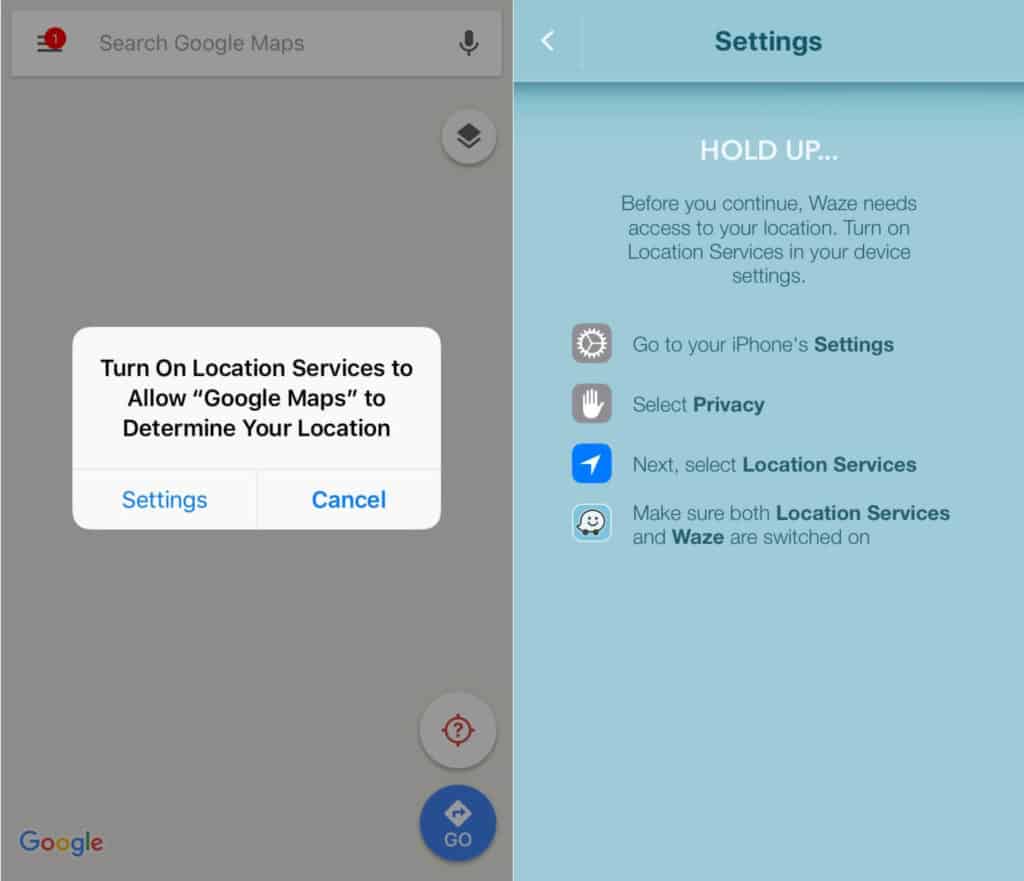 Map popups for iPhone app permissions.