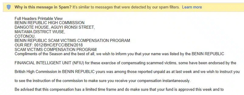 A scam compensation scam example.