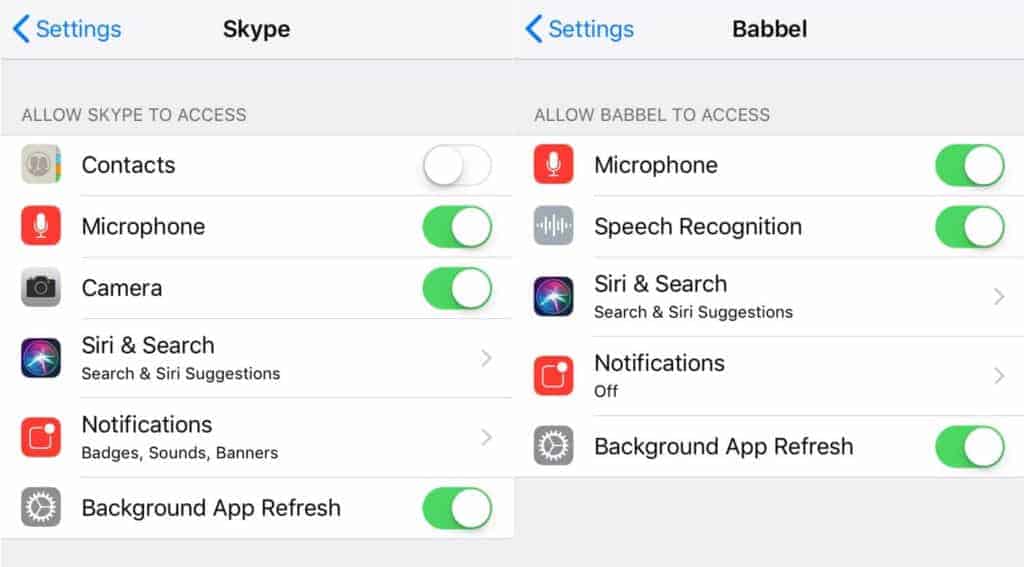 Skype and Babbel iPhone app permissions.