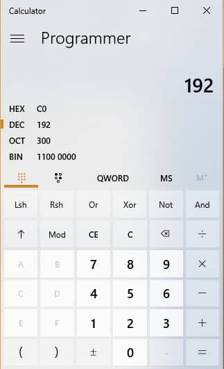 Windows Calculator in Binary mode