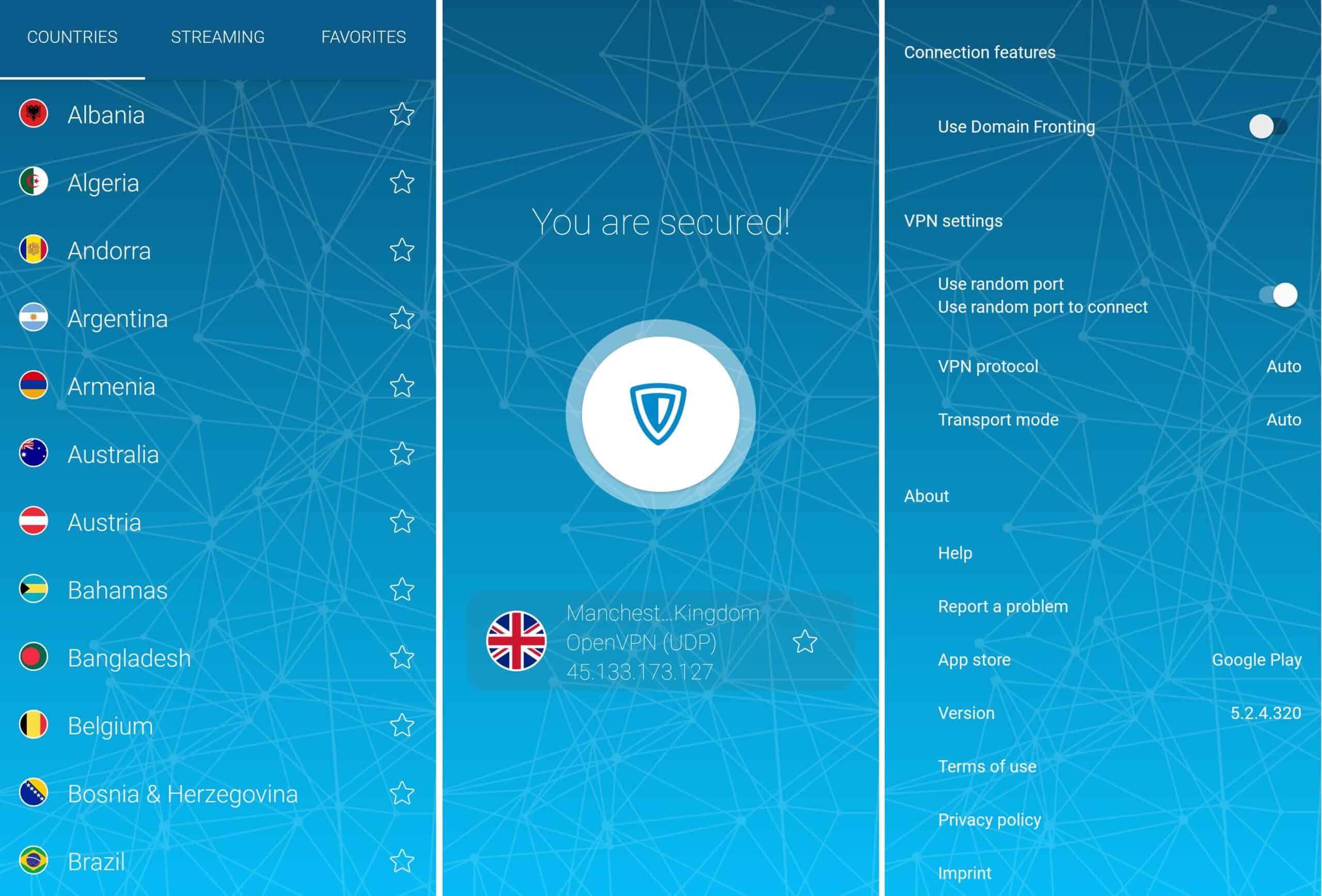 Screenshots of ZenMate's mobile app