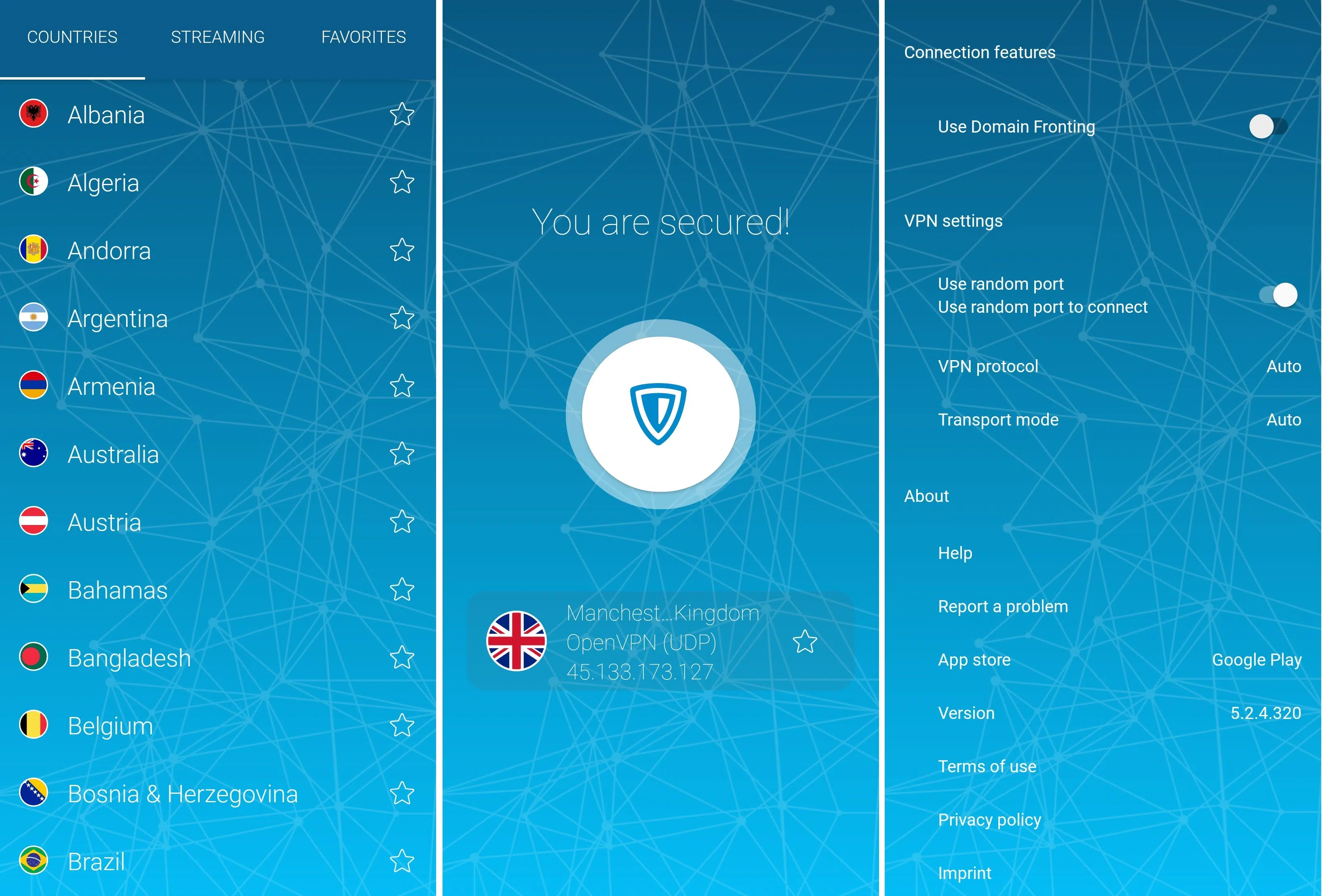 Screenshots of ZenMate's mobile app