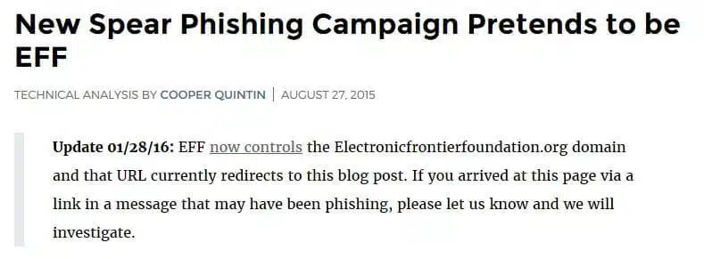 An update on the EFF blog post regarding the spear phishing domain.
