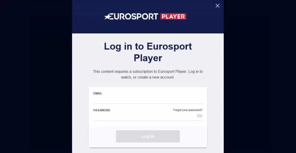 Eurosport login page.