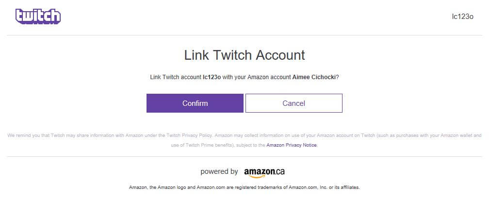 Twitch Prime confirm account page.
