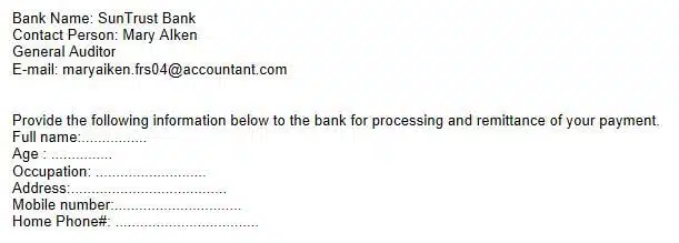 A section of a general phishing email requesting personal information.