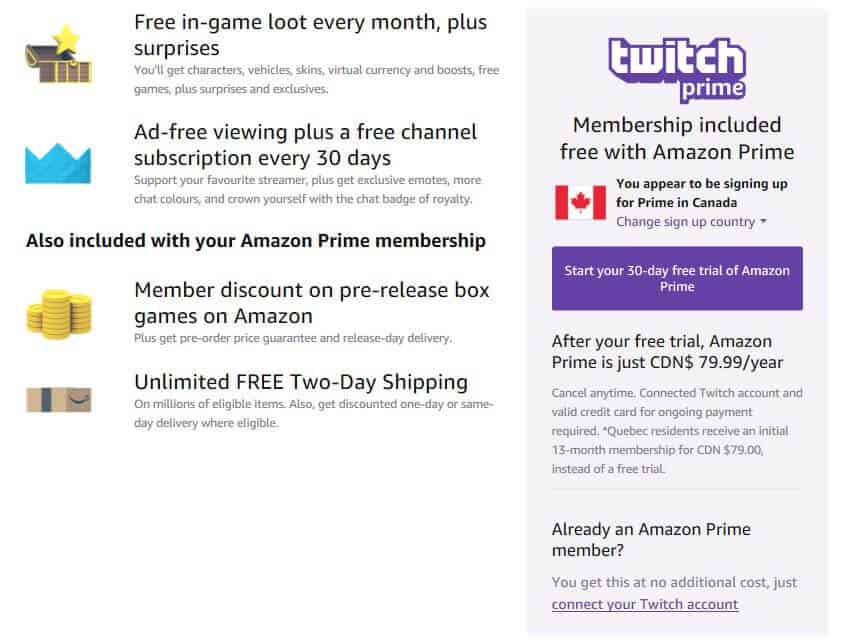 Twitch Prime signup page.