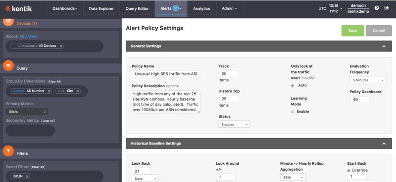 Screenshot showing the Kentik Detect dashboard to set a policy which can trigger an alert.