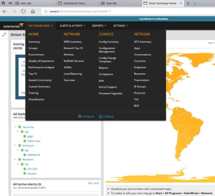 Screenshot showing main dashboard of SolarWinds Orion, with the Dashboard menu displayed