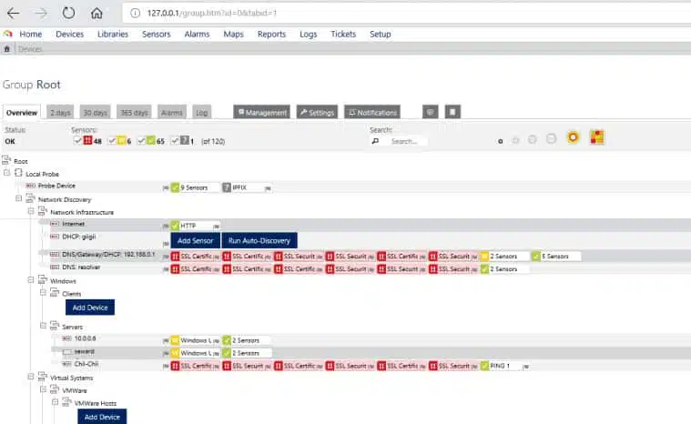 Screenshot of PRTG showing device tree and sensors associated with each device